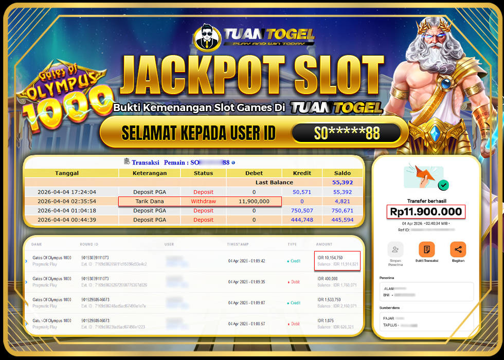 TUANTOGEL JACKPOT SLOT GATES OF OLYMPUS 1000  Rp 11.900.000